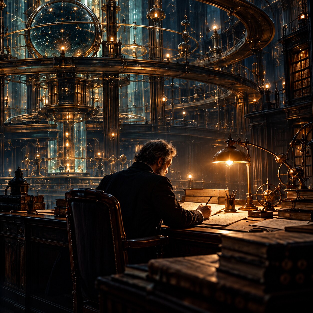 A writer at a lamp-lit desk beneath an immense retrofuture analytical machine