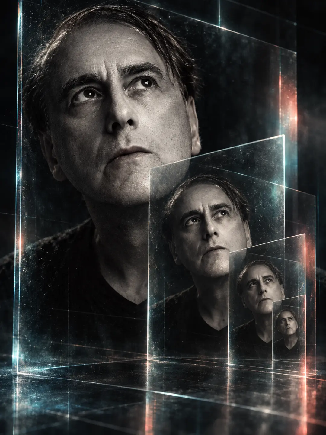 R. D. Fletcher repeated through receding glass reflections in a cinematic portrait of the recursive self