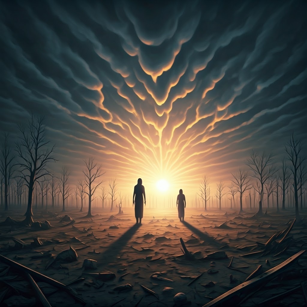 Two figures crossing a devastated landscape beneath a turbulent sky and a distant sun