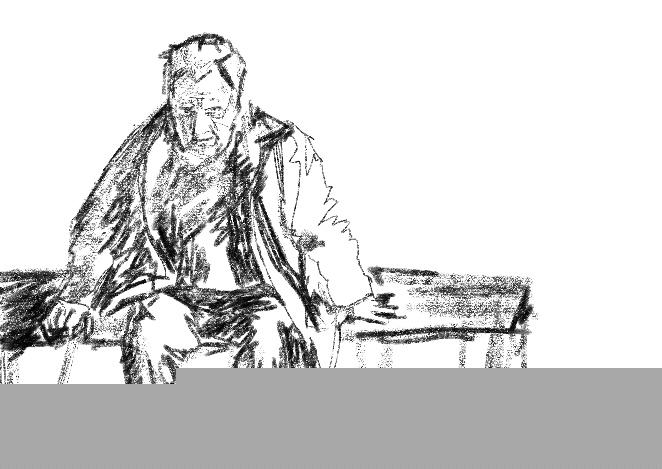 A monochrome drawing of an elderly man sitting alone at a table