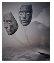 Two theatrical masks suspended above a misty landscape, from the Beginnings cover illustration