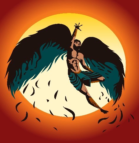 A winged human figure rising before an orange sun above a dark, fractured landscape