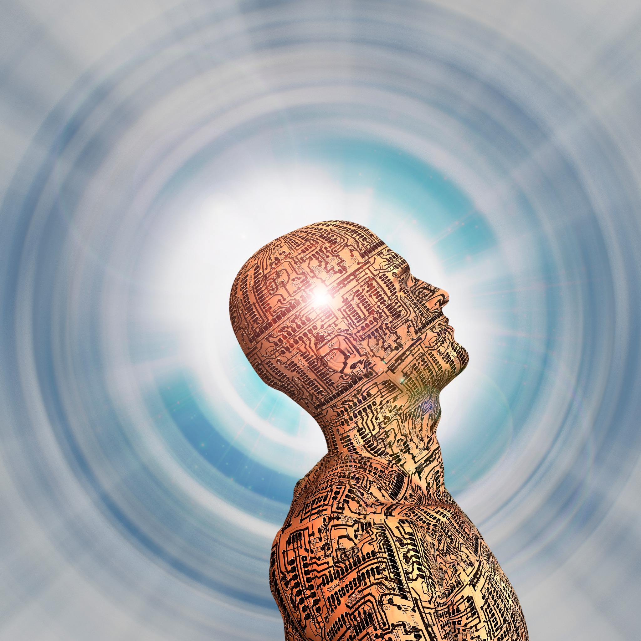 A human figure formed from circuitry looking upward into a luminous blue vortex