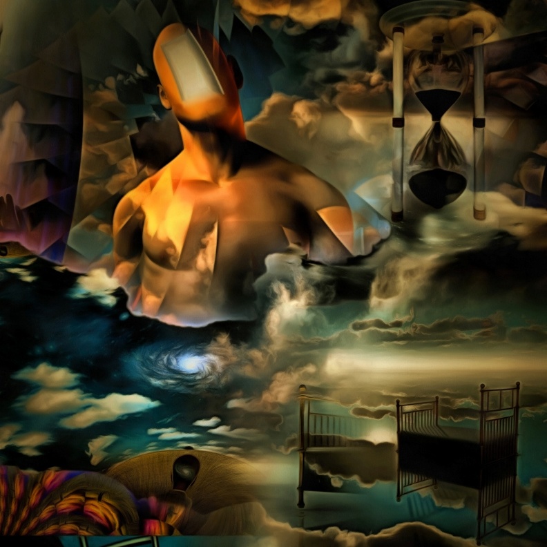 A dreamlike figure, hourglasses and empty beds suspended in a dark landscape
