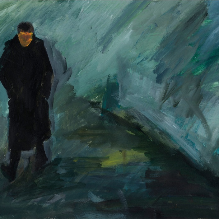 A solitary figure walking through an abstract blue-green painted landscape