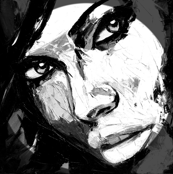 A monochrome portrait of a woman rendered in fractured brushwork