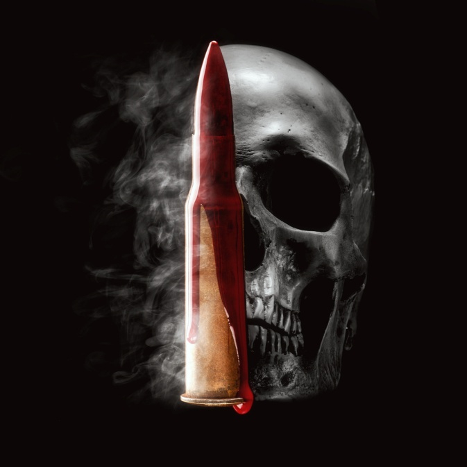 A red bullet standing before a human skull in drifting smoke
