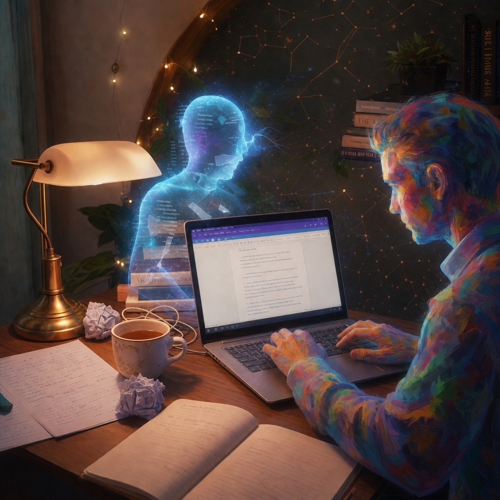 A multicoloured writer working at a laptop across from a luminous blue artificial figure in a lamplit study