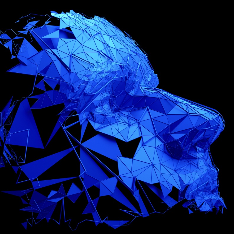 A blue geometric human profile fragmenting into polygonal planes against black