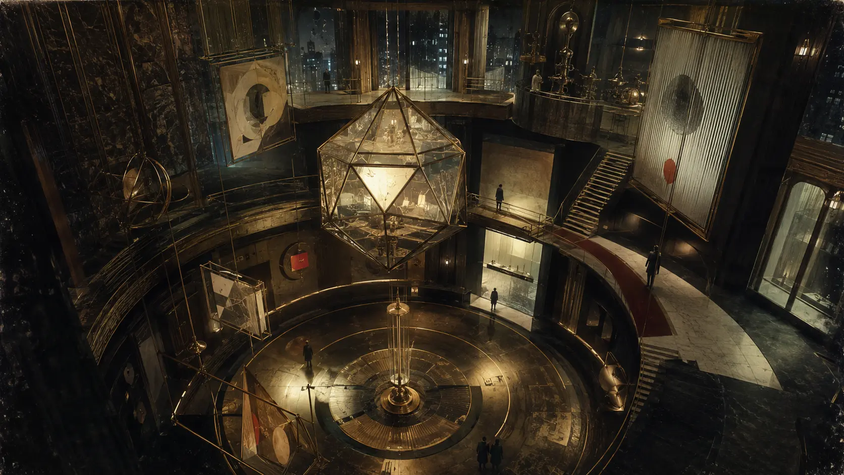 Observers on different levels of a circular Art Deco gallery face a luminous suspended polyhedron