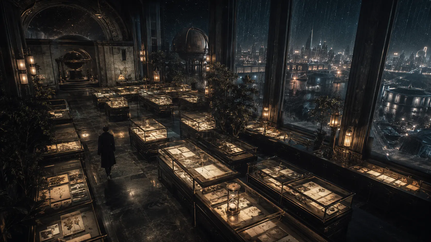 An anonymous figure walking through a nocturnal archive garden filled with illuminated pages and hourglasses