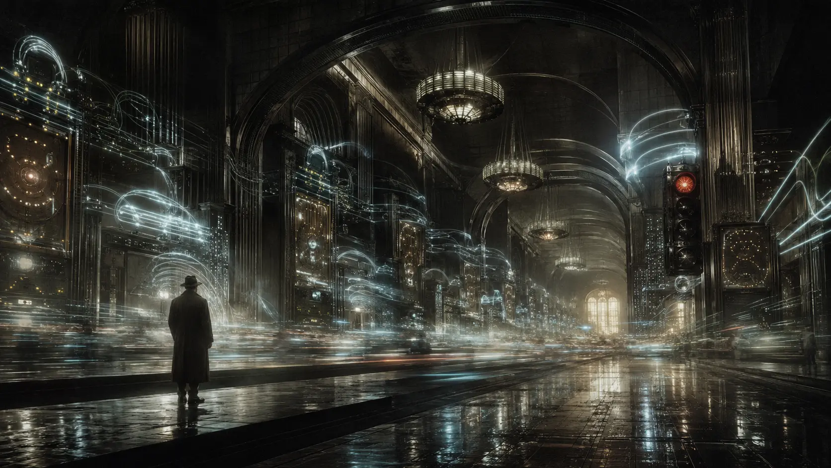 A solitary figure stands still in a rain-darkened signal concourse while luminous motion streams pass
