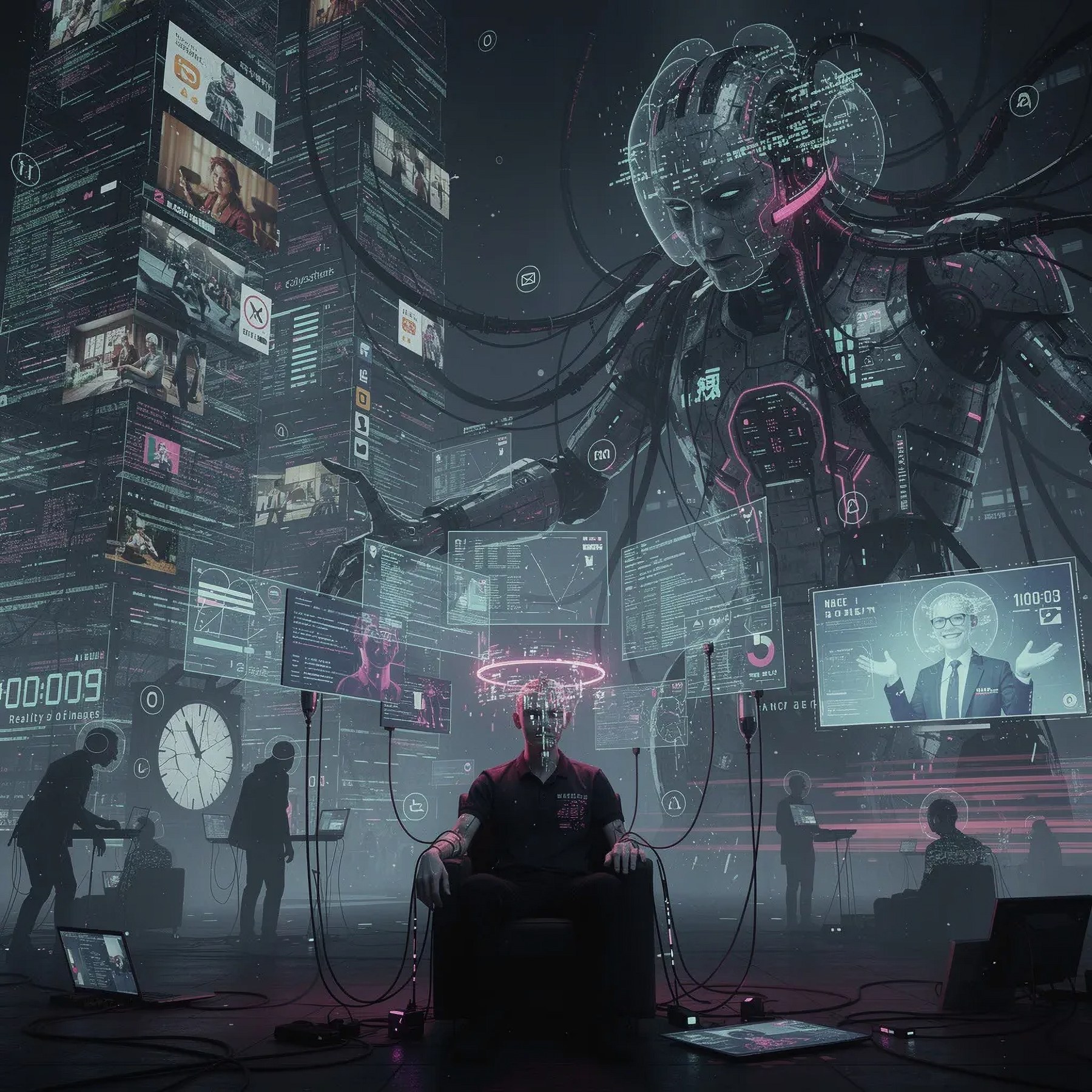 A vast artificial intelligence figure presides over a seated human connected by cables amid surveillance screens and data towers