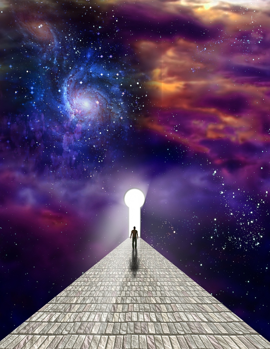 A lone figure walks toward a keyhole of light through a purple cosmic landscape, from the Passages cover illustration