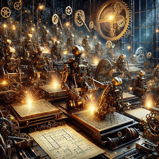 Clockwork machines writing at illuminated desks inside a vast mechanical workshop