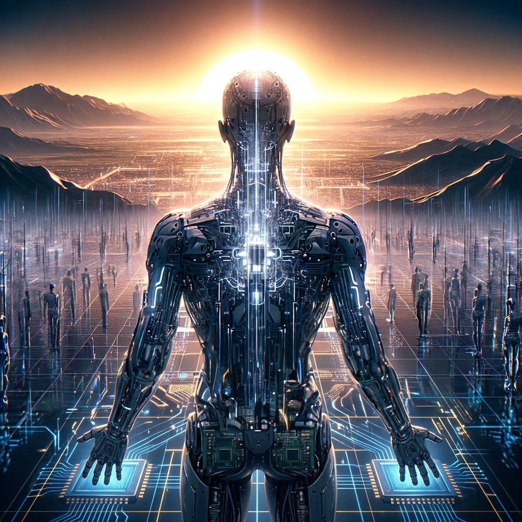 A machine figure faces a radiant sun above a networked landscape and distant mountains