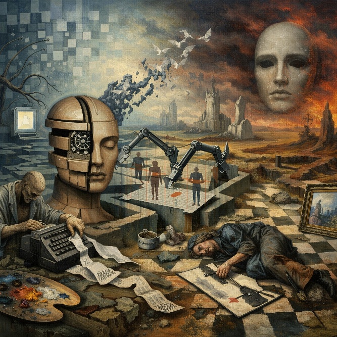 A surreal landscape of human and machine faces, robotic arms, a typist and fallen figures