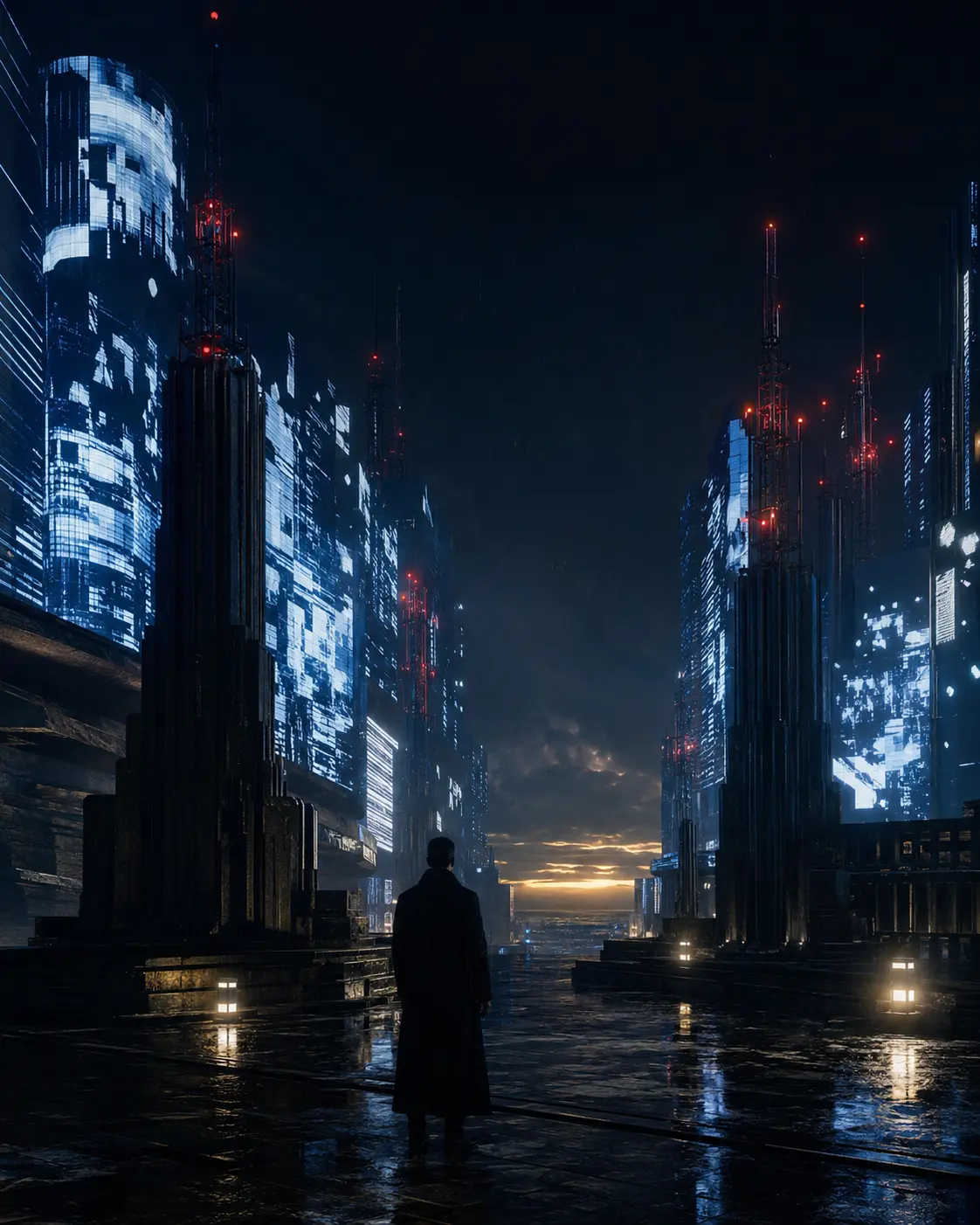 A solitary literary figure turns from a monumental city of glowing broadcast towers toward a distant horizon