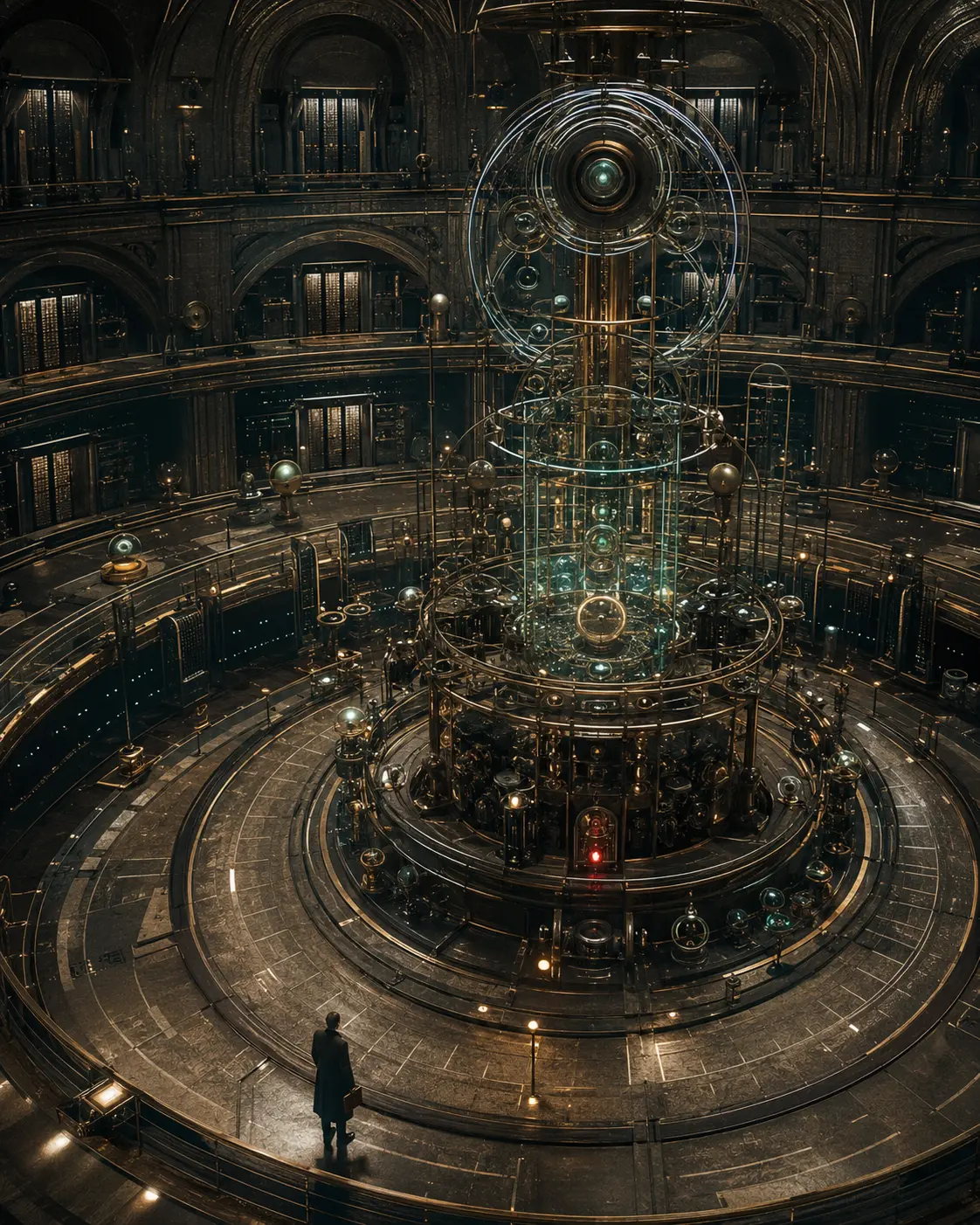 An observer faces an immense circular machine of glass rings, brass relays and light