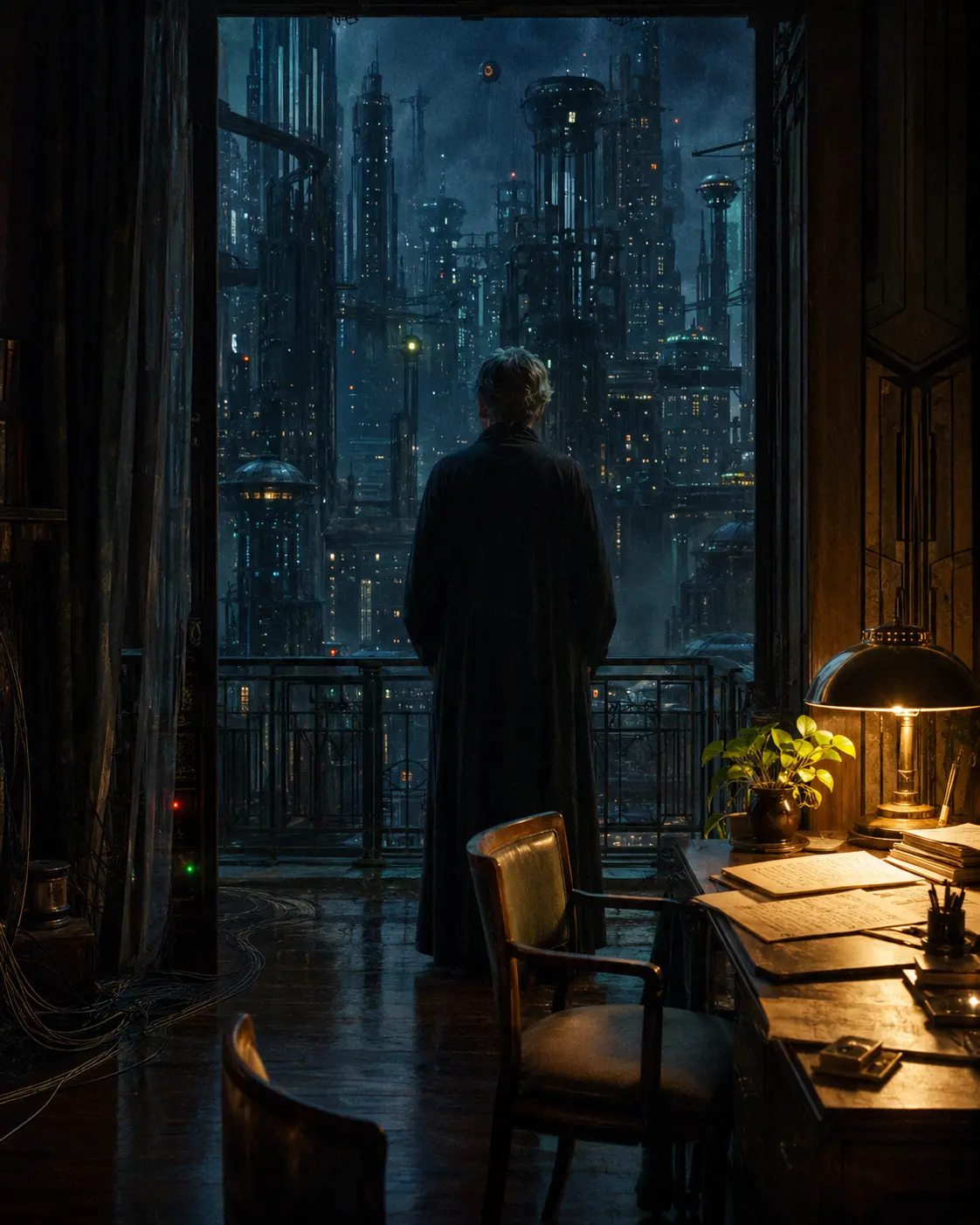 An older figure stands between a rain-darkened machine city and a warm room containing pages, chairs and a living plant