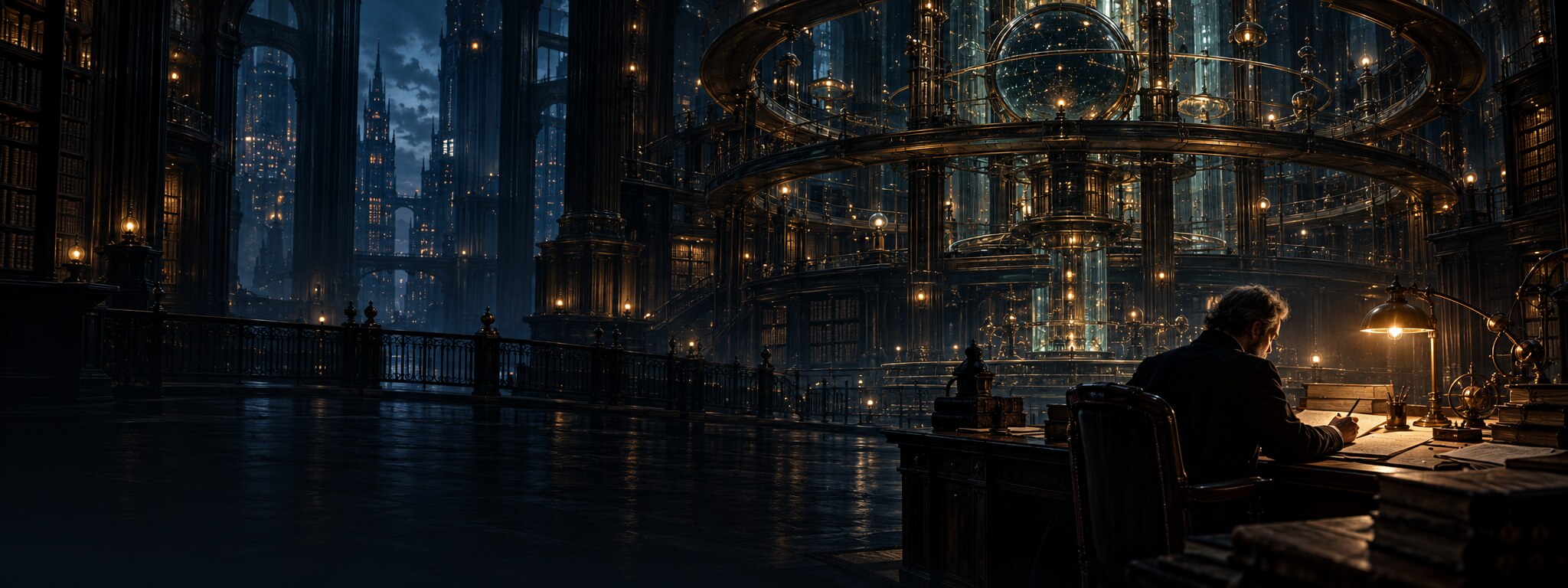 A writer at a lamp-lit desk facing a vast retrofuture analytical machine in a shadowed library