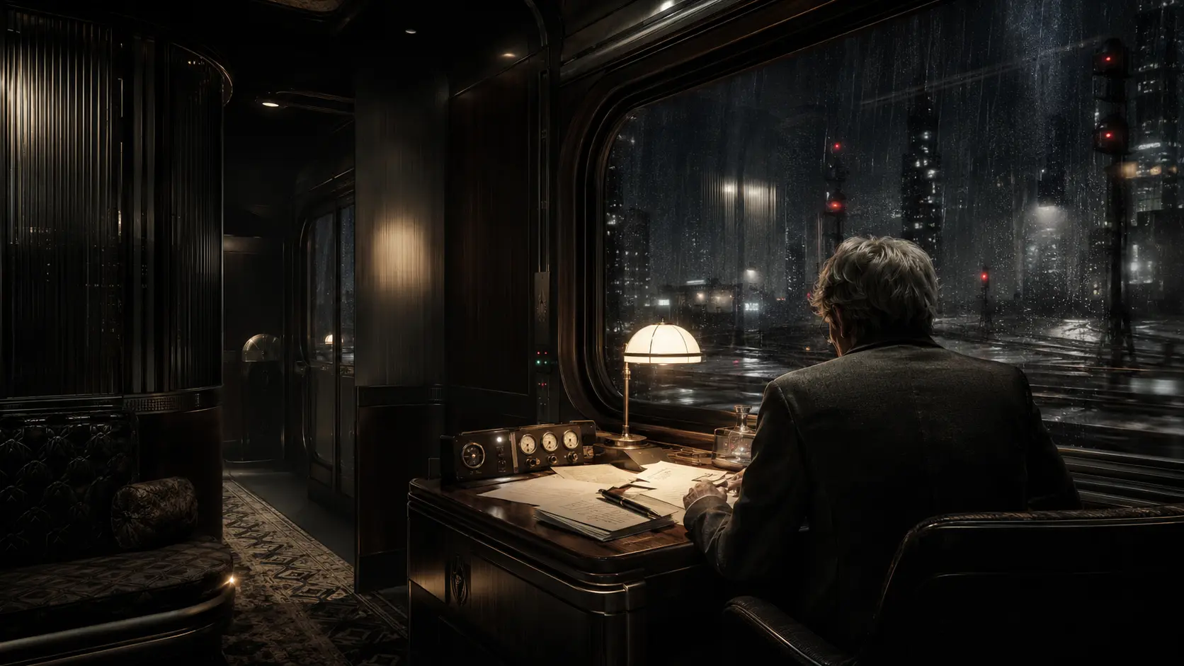 An anonymous writer working aboard a rain-darkened retrofuturistic night train
