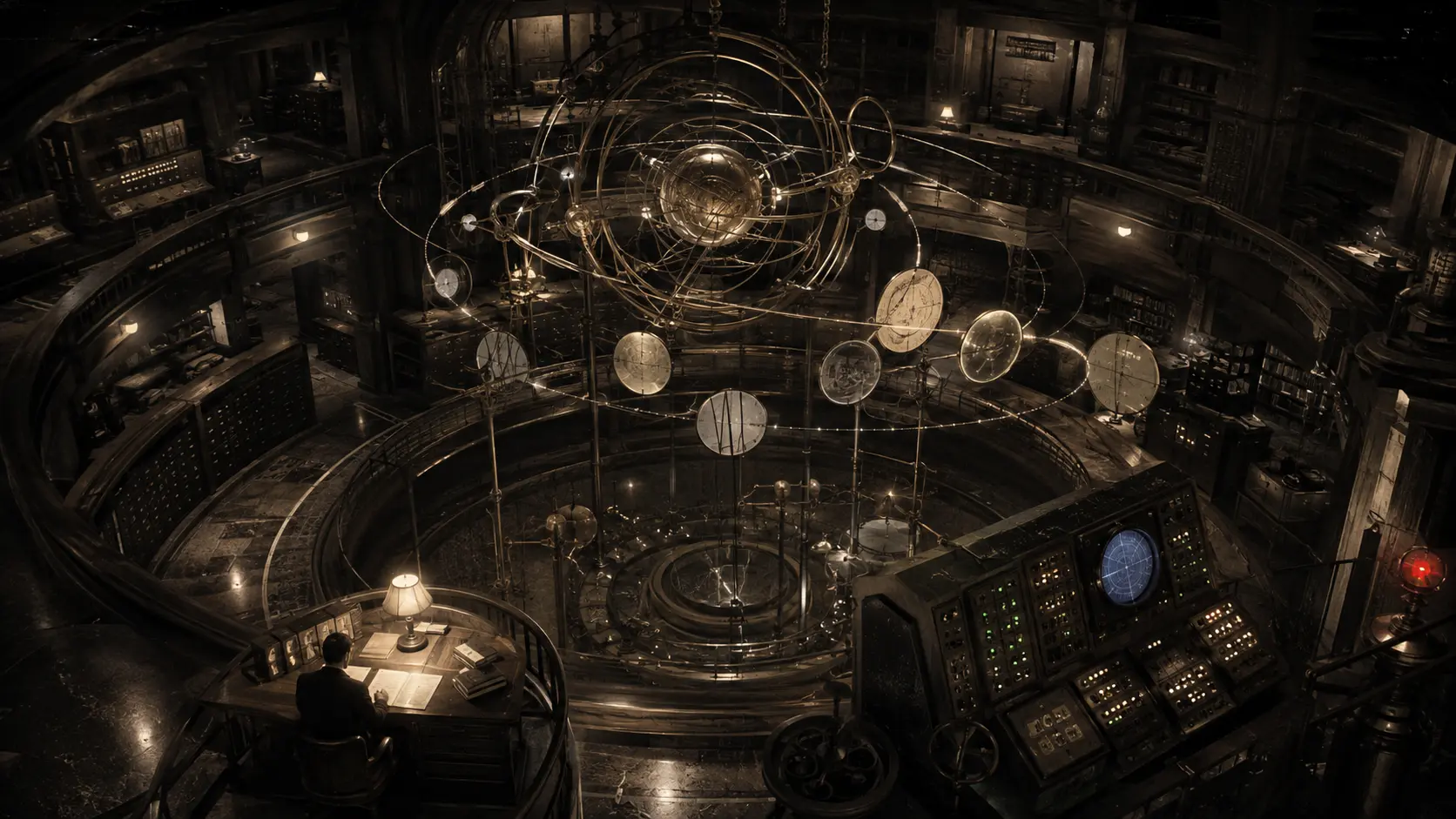 A circular underground library surrounding a luminous mechanical model of thought