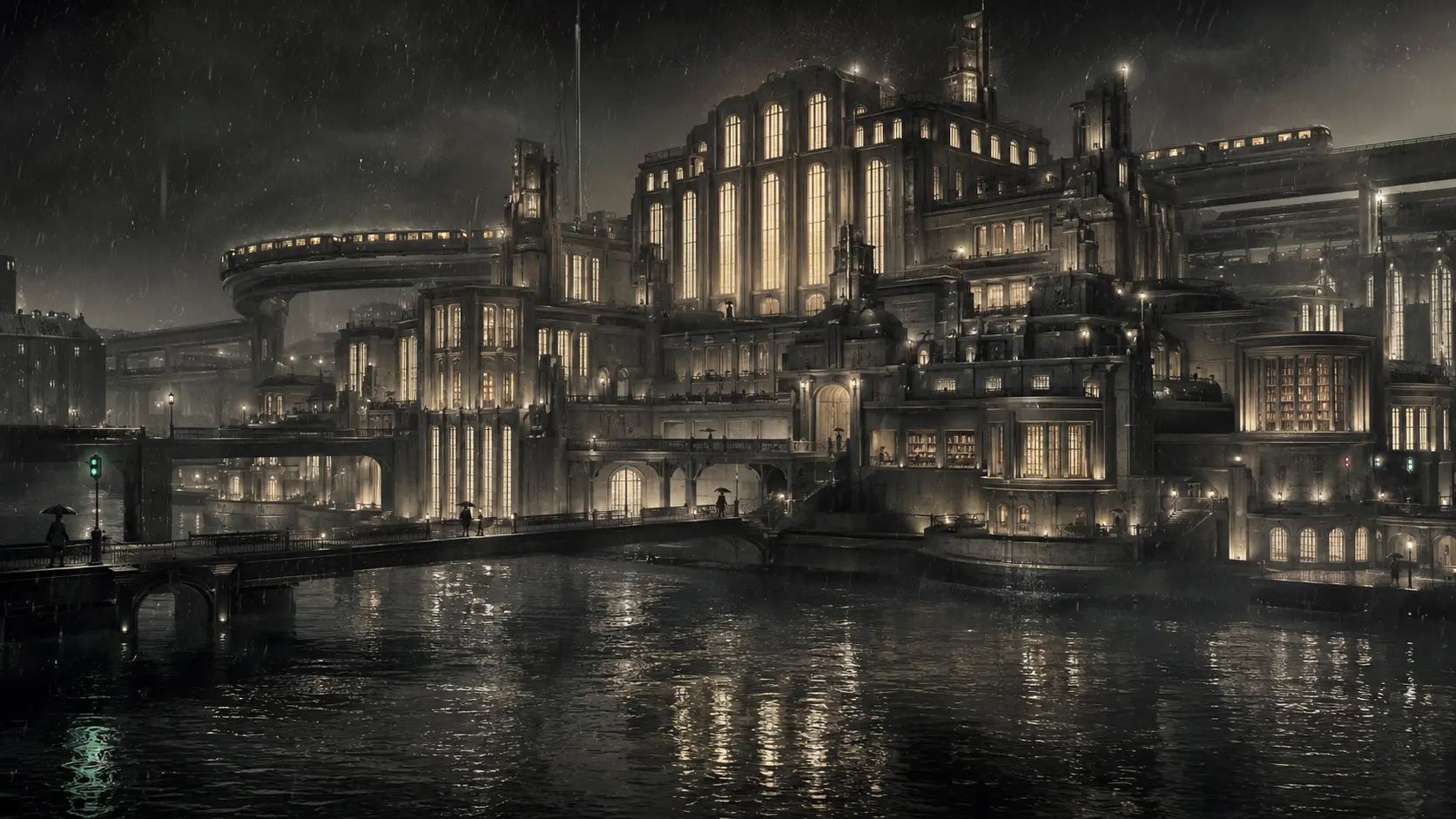 A monumental Art Deco archive illuminated across a rain-darkened canal